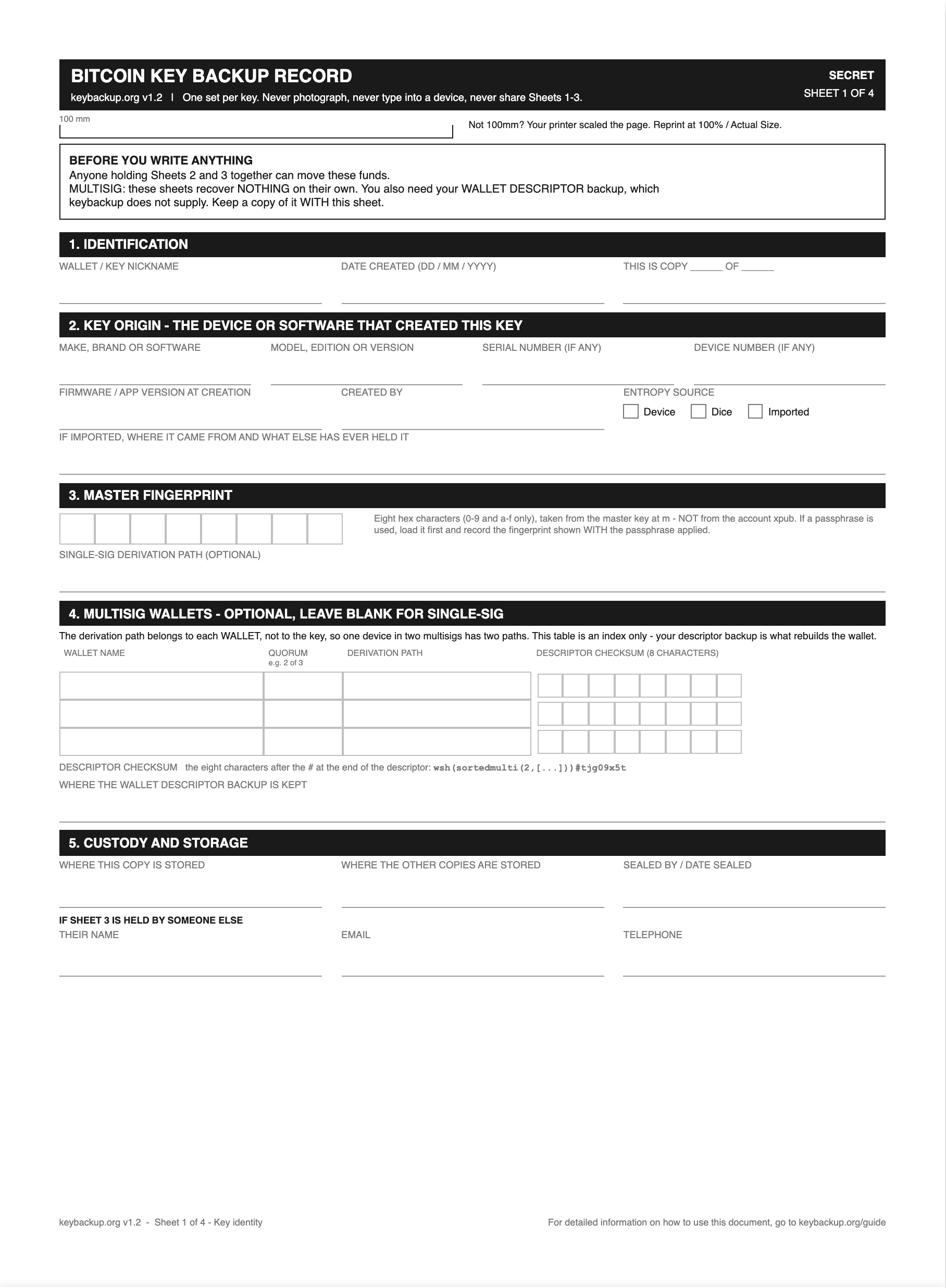 Sheet 1: key identity, recording the master fingerprint, the key origin, and an index of the multisig wallets the key belongs to.