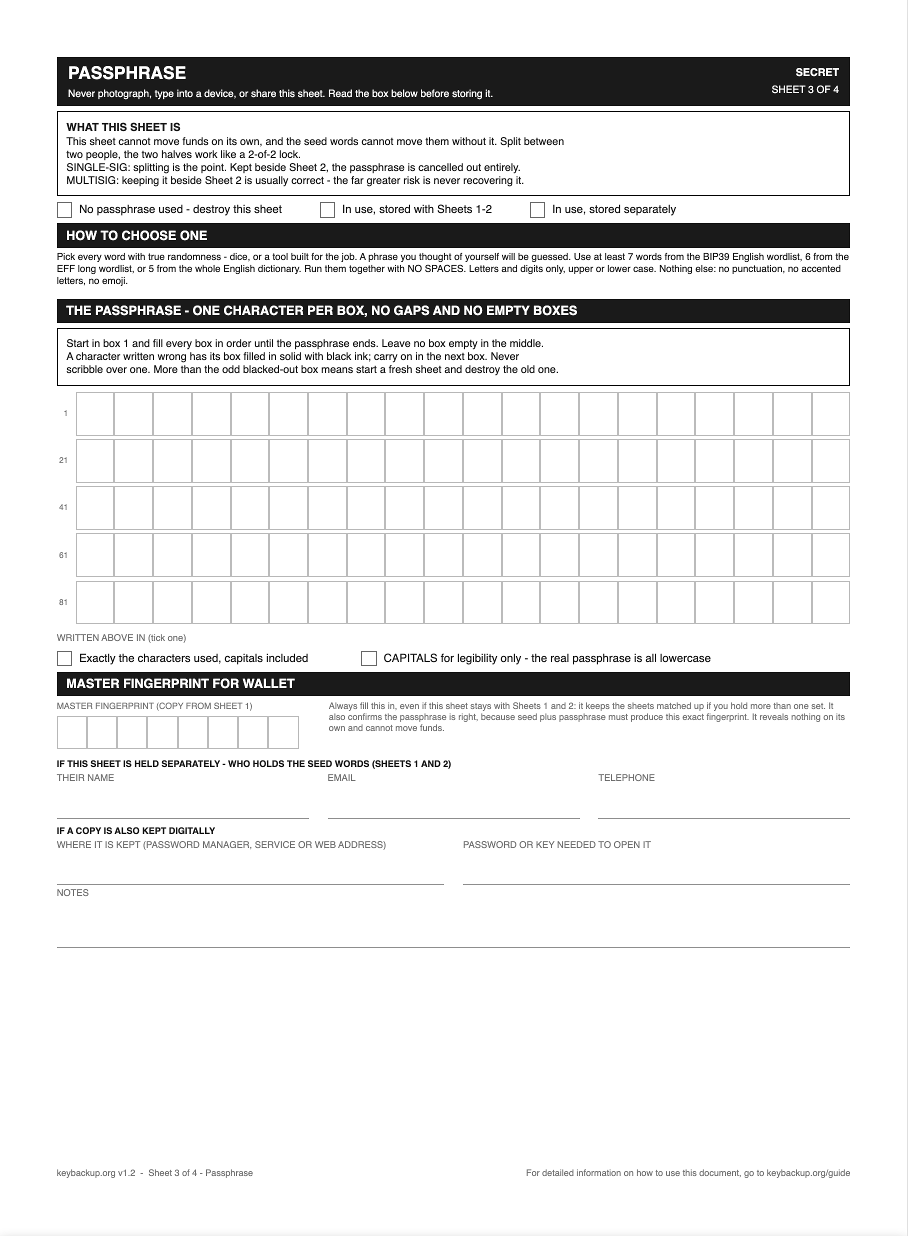 Sheet 3: passphrase, a grid of boxes for one character each, with a block for recording who holds the seed words if the sheets are split.