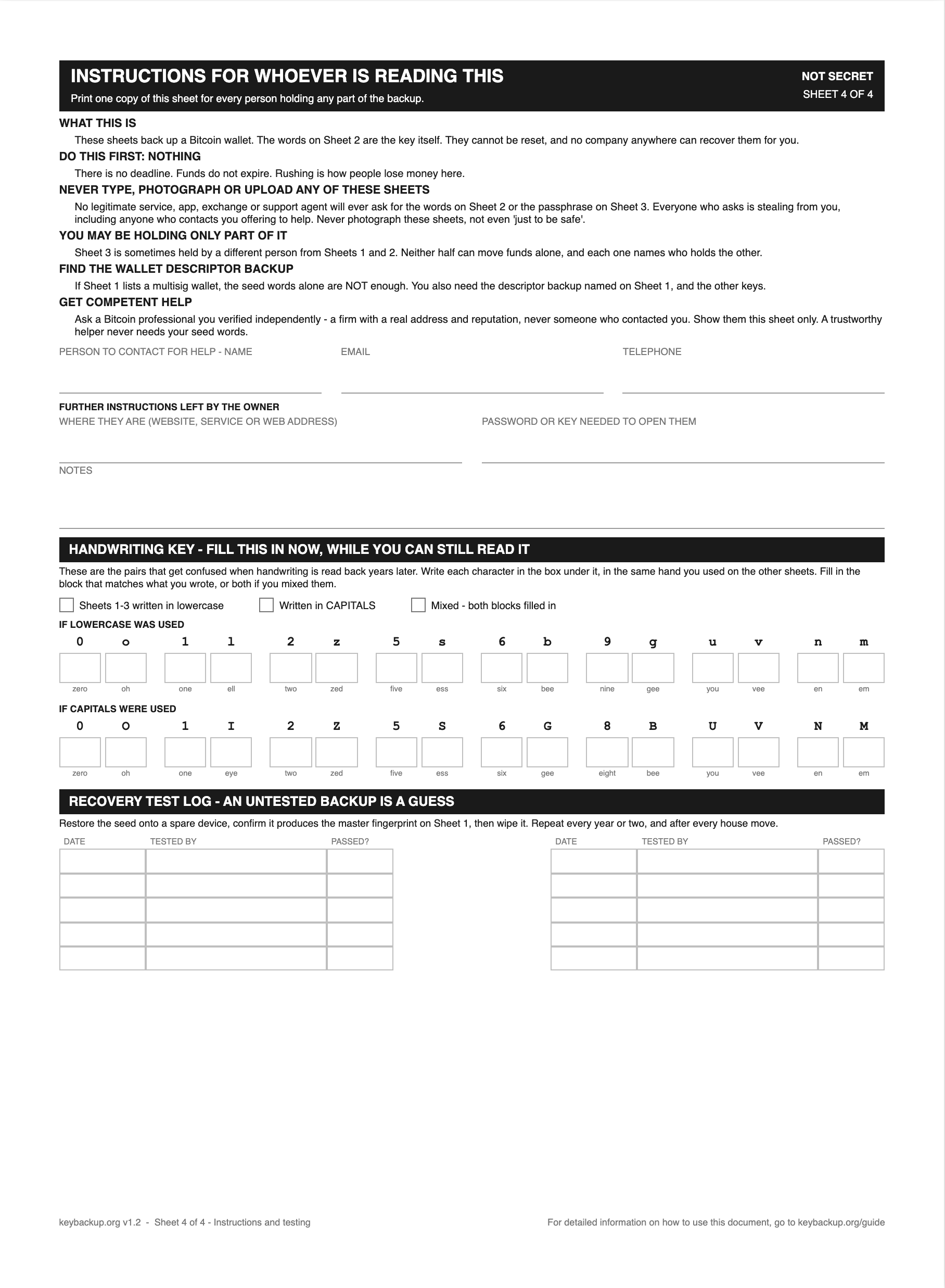 Sheet 4: instructions and testing, carrying the handwriting key, the test log, and the warnings for whoever recovers the wallet.